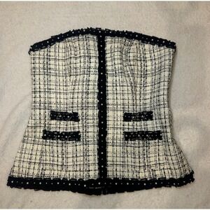 White House Black Market Tweed Corset Top Pearls Black Trim Size 2
